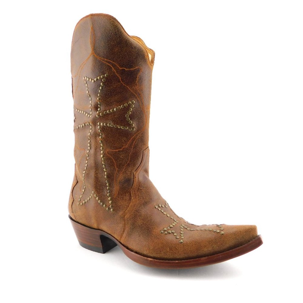 New OLD GRINGO Rustic Brown Leather Stud Cross Block Heel Western Boots 8